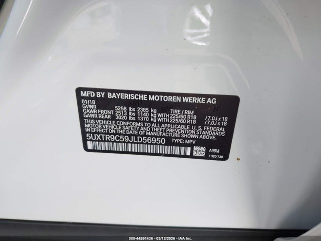 2018 Bmw X3 Xdrive30i მანქანა იყიდება აუქციონზე, vin: 5UXTR9C59JLD56950, აუქციონის ნომერი: 44591436