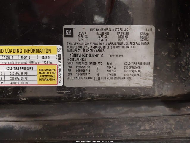 Продаж на аукціоні авто 2016 Chevrolet Traverse 2lt, vin: 1GNKVHKD1GJ220154, номер лоту: 44591465