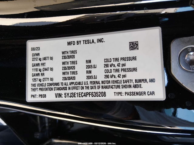 Aukcja sprzedaży 2023 Tesla Model 3 Performance Dual Motor All-wheel Drive, vin: 5YJ3E1EC4PF635208, numer aukcji: 44591499