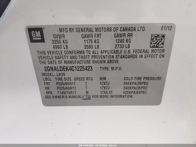 Продажа на аукционе авто 2012 Chevrolet Equinox 1lt, vin: 2GNALDEK4C1225423, номер лота: 44591503