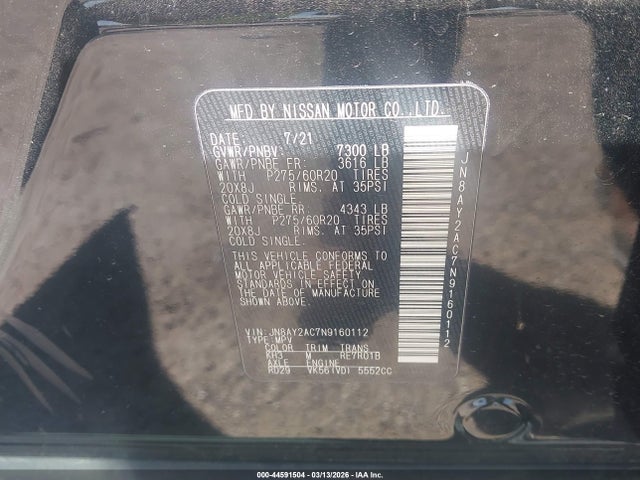 2022 Nissan Armada Sv 2wd მანქანა იყიდება აუქციონზე, vin: JN8AY2AC7N9160112, აუქციონის ნომერი: 44591504
