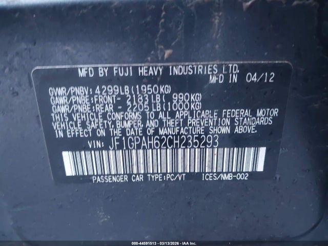 44591513 :رقم المزاد ، JF1GPAH62CH235293 vin ، 2012 Subaru Impreza 2.0i Limited مزاد بيع