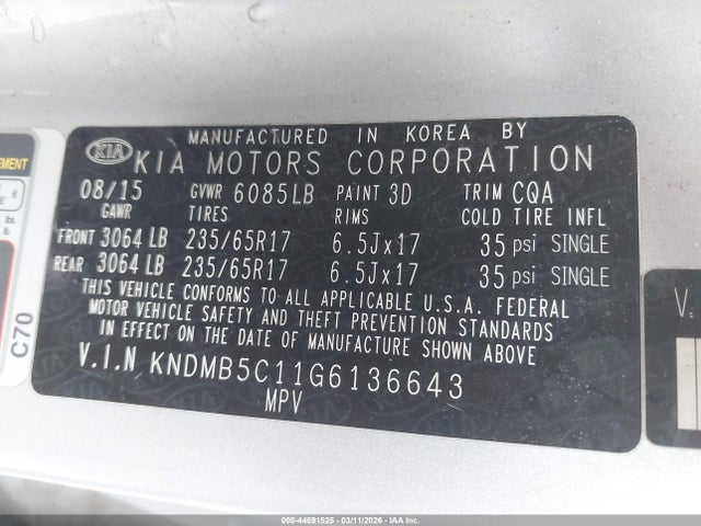Продажа на аукционе авто 2016 Kia Sedona Lx, vin: KNDMB5C11G6136643, номер лота: 44591525