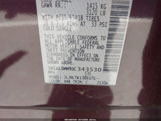 44591538 :رقم المزاد ، 5N1AL0MM9DC343530 vin ، 2013 Infiniti Jx35 مزاد بيع