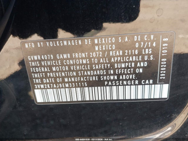 Aukcja sprzedaży 2014 Volkswagen Jetta 2.0l S, vin: 3VW2K7AJ9EM331115, numer aukcji: 44591539