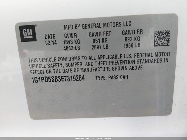 1G1PD5SB3E7319284 Chevrolet Cruze 1lt Manual