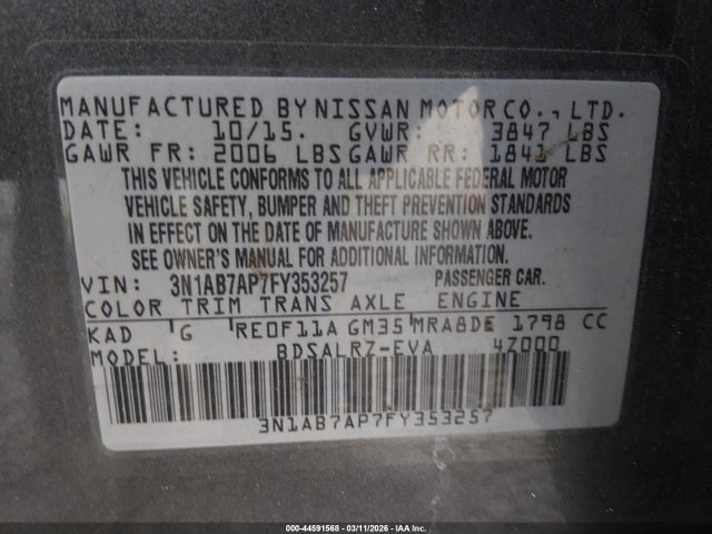 2015 Nissan Sentra Sr მანქანა იყიდება აუქციონზე, vin: 3N1AB7AP7FY353257, აუქციონის ნომერი: 44591568