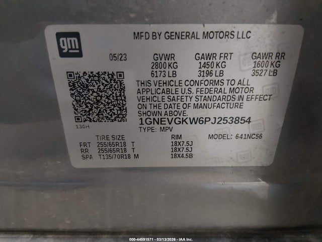 1GNEVGKW6PJ253854 Chevrolet Traverse Awd Lt Cloth