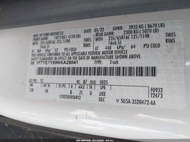 Aukcja sprzedaży 2022 Ford Transit-150, vin: 1FTYE1Y89NKA28041, numer aukcji: 44591636