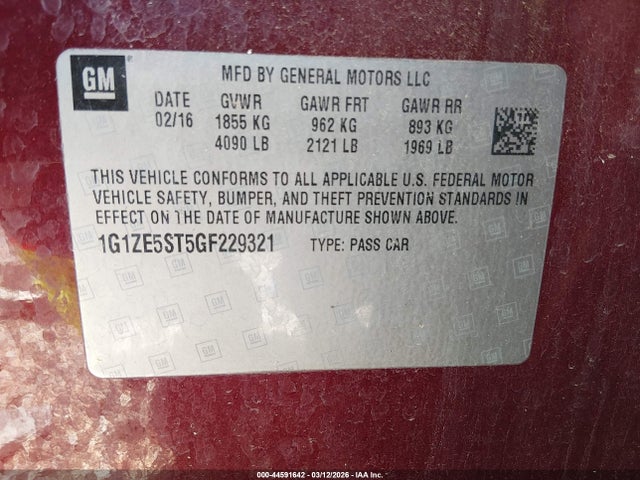 44591642 :رقم المزاد ، 1G1ZE5ST5GF229321 vin ، 2016 Chevrolet Malibu 1lt مزاد بيع