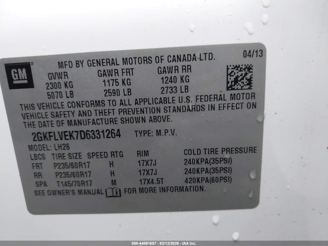 44591657 :رقم المزاد ، 2GKFLVEK7D6331264 vin ، 2013 Gmc Terrain Slt-1 مزاد بيع