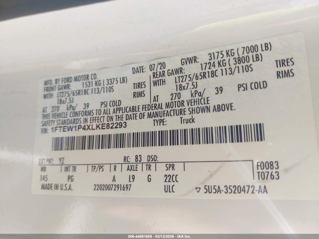 1FTEW1P4XLKE82293 Ford F-150 Police Responder Xl