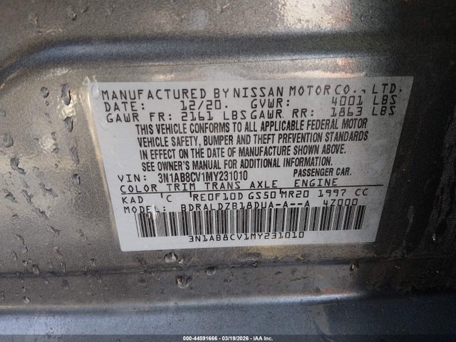 Aukcja sprzedaży 2021 Nissan Sentra Sv Xtronic Cvt, vin: 3N1AB8CV1MY231010, numer aukcji: 44591666