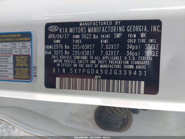 5XYPGDA50JG339431 KIA Sorento 3.3l Lx