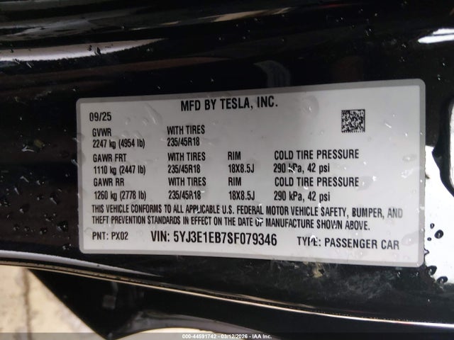 Продаж на аукціоні авто 2025 Tesla Model 3 Long Range All-wheel Drive, vin: 5YJ3E1EB7SF079346, номер лоту: 44591742