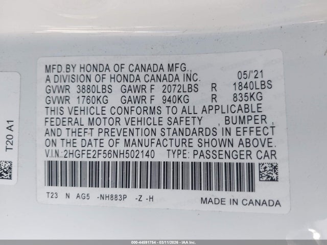 2022 HONDA CIVIC 2HGFE2F56NH502140 Photo 8