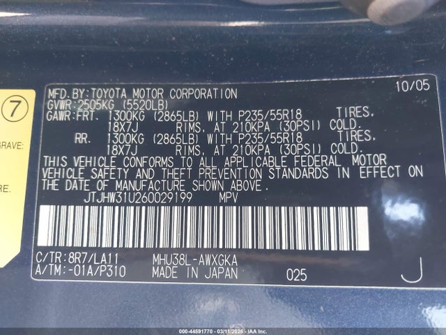44591770 :رقم المزاد ، JTJHW31U260029199 vin ، 2006 Lexus Rx 400h مزاد بيع