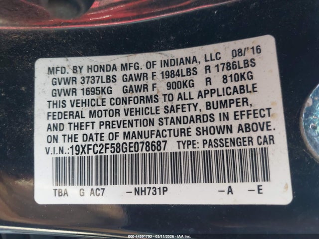 Honda Civic Lx 2016 19XFC2F58GE078687 Image 9