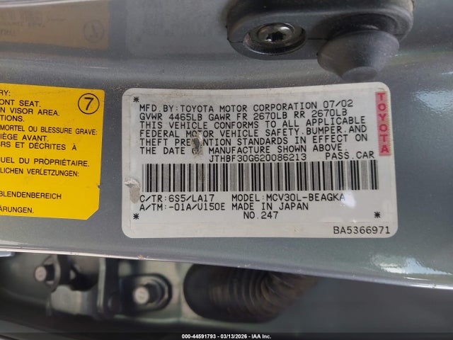 44591793 :رقم المزاد ، JTHBF30G620086213 vin ، 2002 Lexus Es 300 مزاد بيع