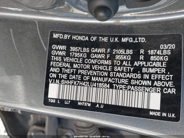 SHHFK7H42LU418584 Honda Civic Sport