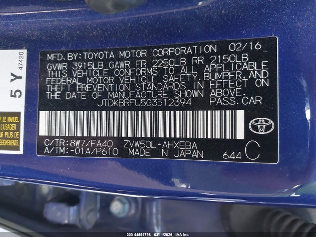 JTDKBRFU5G3512394 Toyota Prius Two