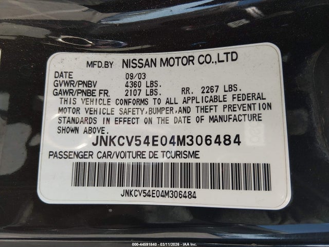 44591840 :رقم المزاد ، JNKCV54E04M306484 vin ، 2004 Infiniti G35 مزاد بيع