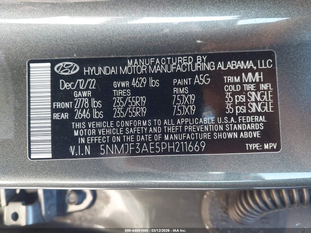 Aukcja sprzedaży 2023 Hyundai Tucson Sel, vin: 5NMJF3AE5PH211669, numer aukcji: 44591860