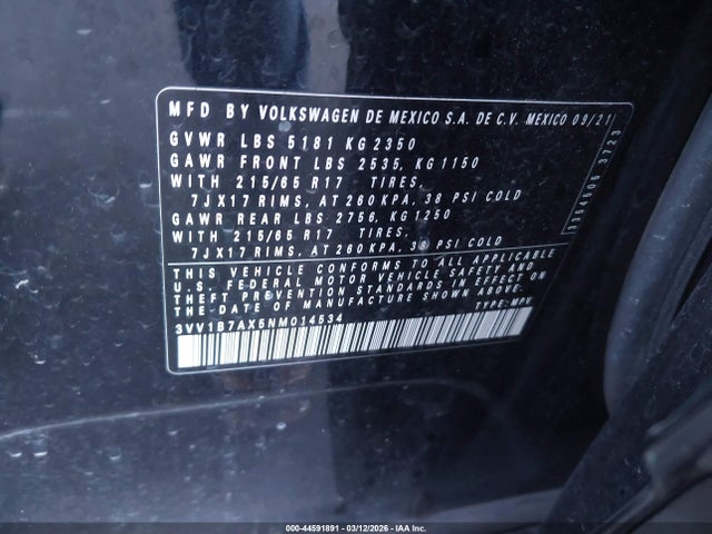 44591891 :رقم المزاد ، 3VV1B7AX5NM014534 vin ، 2022 Volkswagen Tiguan 2.0t S مزاد بيع