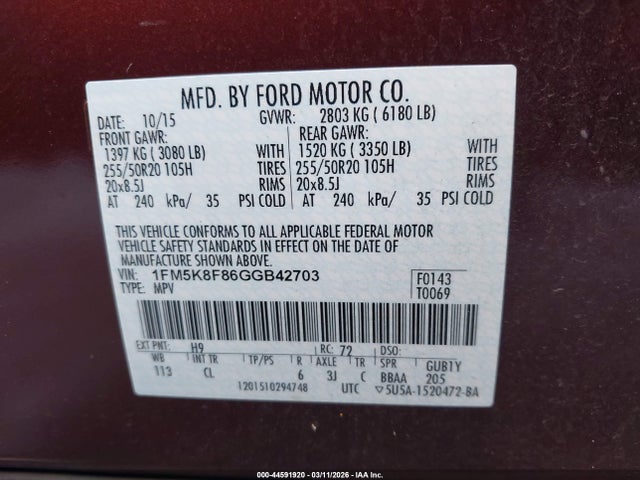 Ford Explorer Limited 2016 1FM5K8F86GGB42703 Image 9