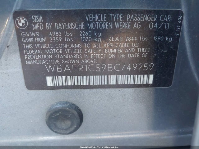 2011 BMW 528I WBAFR1C59BC749259 Photo 8