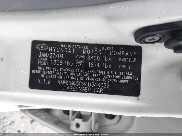 Aukcja sprzedaży 2004 Hyundai Accent Gl, vin: KMHCG45C94U546082, numer aukcji: 44591949
