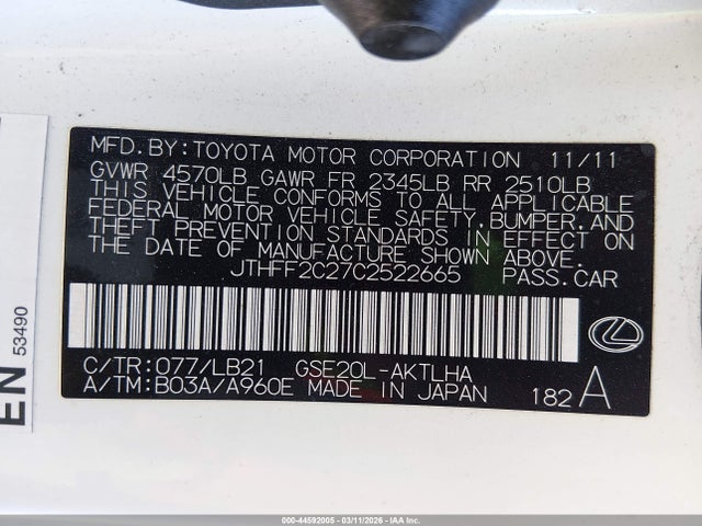 Aukcja sprzedaży 2012 Lexus Is 250c, vin: JTHFF2C27C2522665, numer aukcji: 44592005
