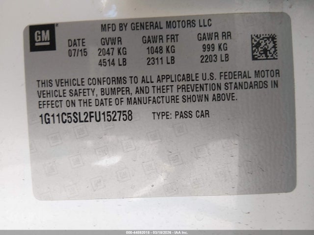 Chevrolet MALIBU 1LT 2015 1G11C5SL2FU152758 Image 9
