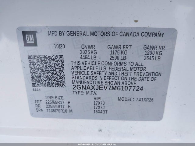 2021 Chevrolet Equinox Fwd 2fl მანქანა იყიდება აუქციონზე, vin: 2GNAXJEV7M6107724, აუქციონის ნომერი: 44592019