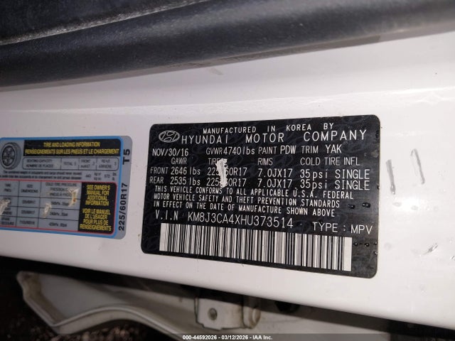 Aukcja sprzedaży 2017 Hyundai Tucson Se, vin: KM8J3CA4XHU373514, numer aukcji: 44592026