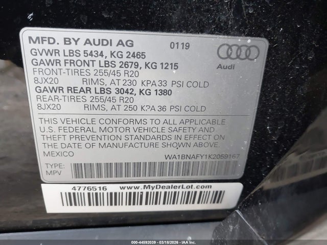 Aukcja sprzedaży 2019 Audi Q5 45 Premium, vin: WA1BNAFY1K2059167, numer aukcji: 44592039