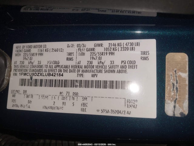 1FMCU9DZXLUB42184 Ford Escape Titanium Hybrid