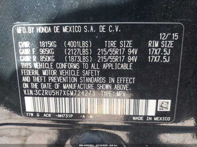 2016 HONDA HR-V 3CZRU5H7XGM724273 Photo 8