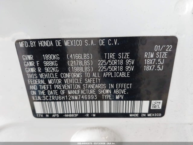 3CZRU6H12NM746993 Honda Hr-v Awd Sport