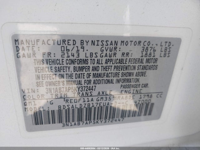 Nissan SENTRA SV 2019 3N1AB7AP5KY372447 Image 9