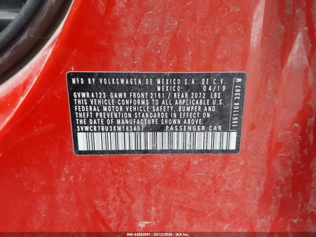 44592091 :رقم المزاد ، 3VWCB7BU3KM183407 vin ، 2019 Volkswagen Jetta 1.4t R-line/1.4t S/1.4t Se مزاد بيع