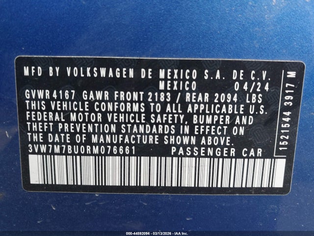 2024 Volkswagen Jetta 1.5t Se მანქანა იყიდება აუქციონზე, vin: 3VW7M7BU0RM076661, აუქციონის ნომერი: 44592094