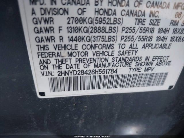 44592110 :رقم المزاد ، 2HNYD28428H551784 vin ، 2008 Acura Mdx Technology Package مزاد بيع