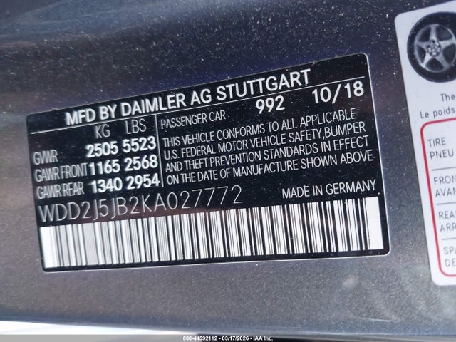 Aukcja sprzedaży 2019 Mercedes-benz Cls 450, vin: WDD2J5JB2KA027772, numer aukcji: 44592112
