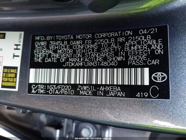 Toyota Prius Le 2021 JTDKAMFUXM3148040 Image 9