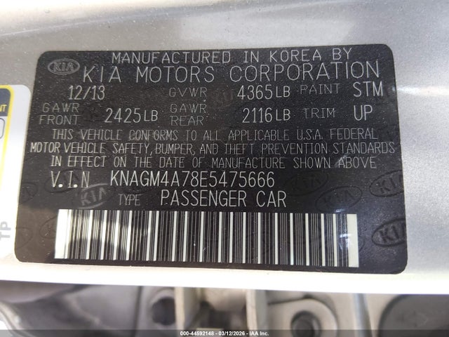 KIA Optima Lx 2014 KNAGM4A78E5475666 Image 9