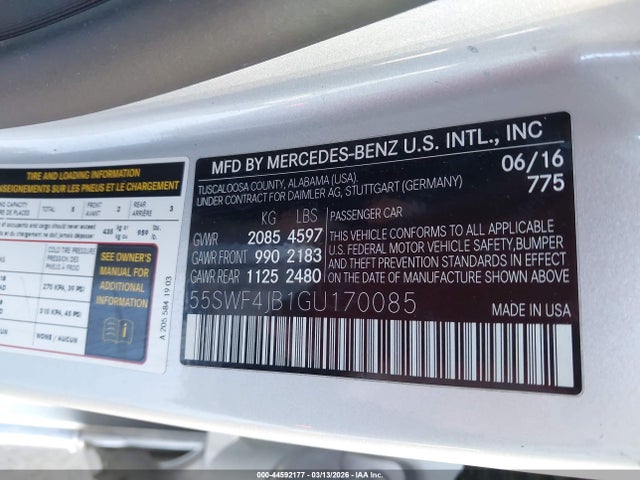 44592177 :رقم المزاد ، 55SWF4JB1GU170085 vin ، 2016 Mercedes-benz C 300 مزاد بيع