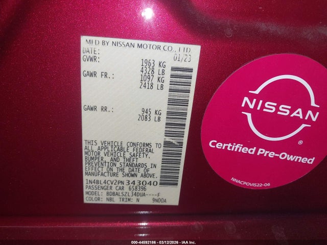 2023 Nissan Altima Sr Fwd მანქანა იყიდება აუქციონზე, vin: 1N4BL4CV2PN343040, აუქციონის ნომერი: 44592186