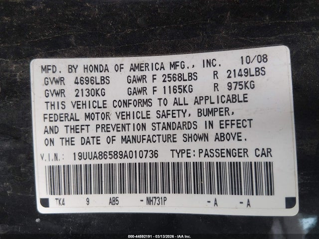 Aukcja sprzedaży 2009 Acura Tl 3.5, vin: 19UUA86589A010736, numer aukcji: 44592191