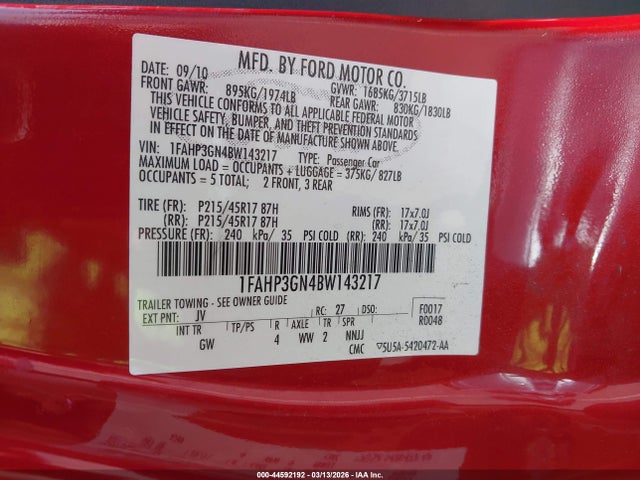 44592192 :رقم المزاد ، 1FAHP3GN4BW143217 vin ، 2011 Ford Focus Ses مزاد بيع